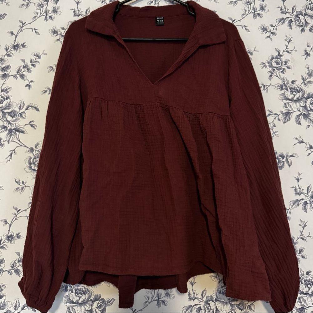 SHEIN Deep Burgundy Flowy Bishop Sleeve Blouse